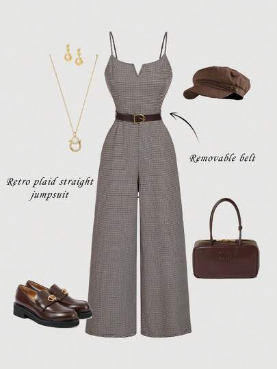 SHEIN MOD Combinaison ample et élégante à jambes larges et à carreaux pour femmes