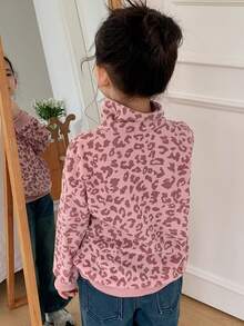 Dazy Kids 女童豹纹落肩拉链半开襟宽松休闲卫衣，秋季款 - 粉色 - 查看 4