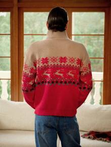 RivetRise Men's Deer & Snowflake Pattern Zip-Up Casual Sweater, Autumn/Winter Knitwear Knit Male Sweater Graphic Men 90s Sweater Retro Men Sweater, Long Sleeve Top - Multicolor - View 4