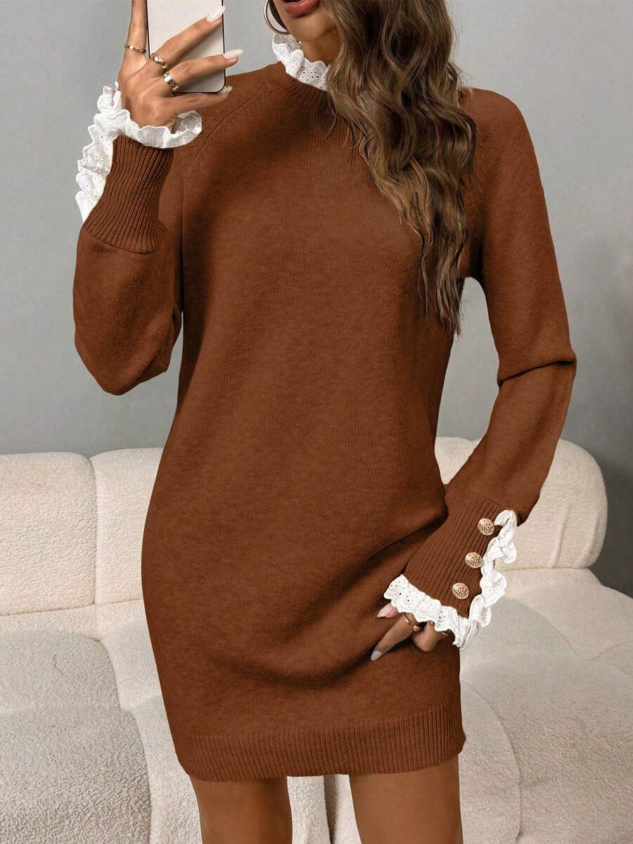 SHEIN LUNE Women's Casual Lace Collar Raglan Sleeve Knitted Dress, Autumn/Winter - Rust Brown - View 1
