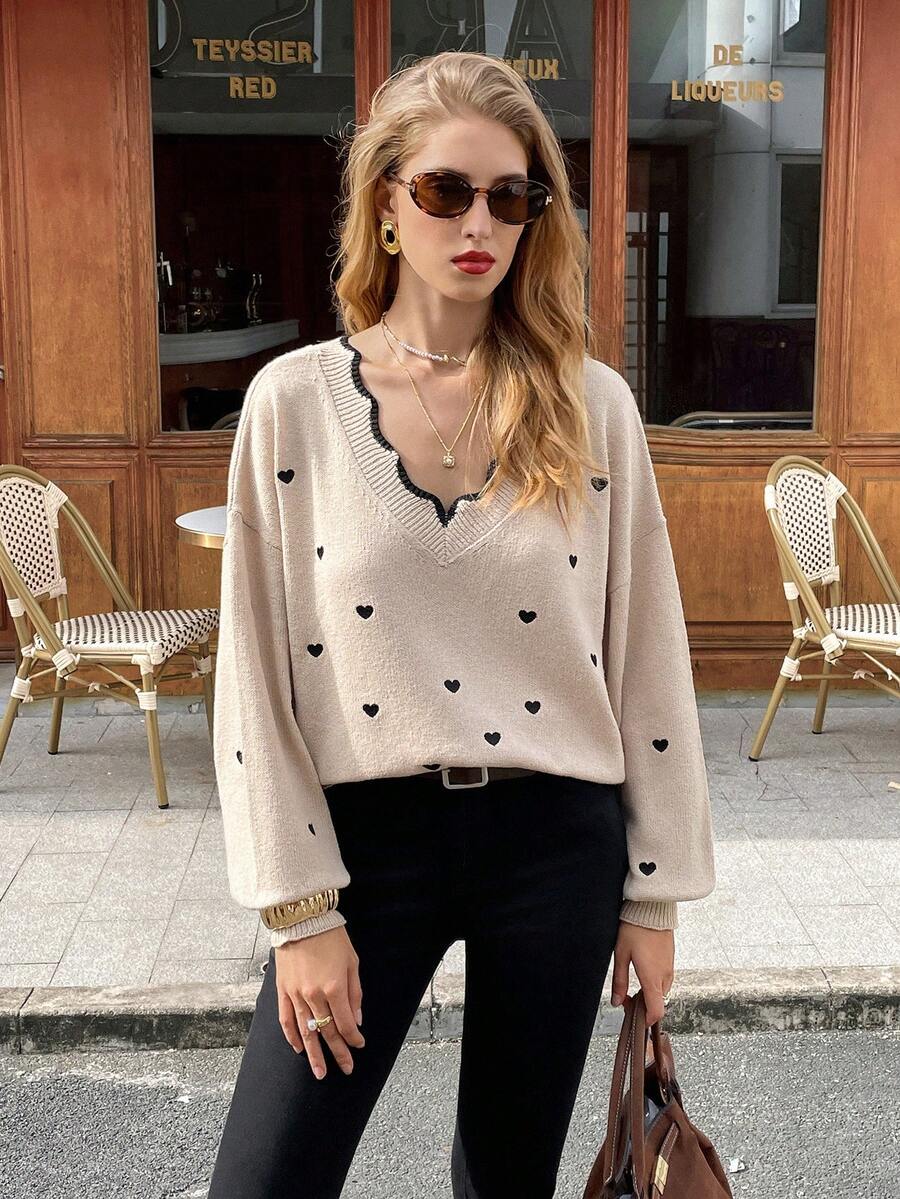 Serisse Women's Casual Colorblock Collar Heart Embroidery Sweater, Autumn/Winter New Year  ,Party,Christmas - Apricot - View 1