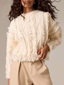 AiiRZ Cable Knit Sweater With Fringe Detail Long Sleeve Pullover For Fall Winter - Apricot - View 5