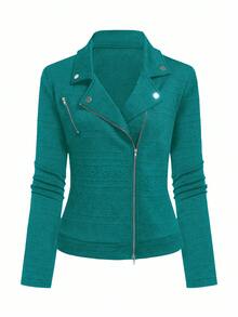 GlowEve Women's Casual Textured Fabric Zip-Up Lapel Motorcycle Jacket - Teal Blue - View 4