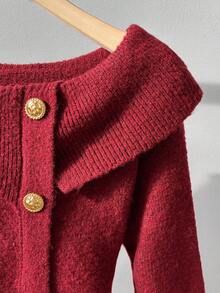 Franclia Femmes Hiver Élégant Couleur Unie Vin Rouge Jujube Col Rond Col Châle Épaule Unique Deux Voies Ajustement Manches Longues Bouton Métallique Faux Rabat Design Taille Courte Tricot Pull Automne Hiver - Rouge - Voir 4