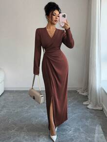 Elenzga 女式重叠 V 领长袖金属装饰褶皱优雅连衣裙 - 棕色 - 查看 6