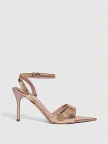 CUCCOO SZL Women's Pointed Toe Stiletto High Heels, Rose Gold PU Snakeskin Texture, Fashion Comfortable Daily/Party Wear Sandals With Ankle Strap - Rose Gold - View 3