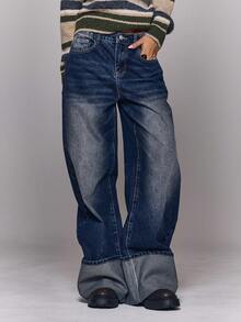 MUSERA 水洗可调节后扣腰带细节卷边牛仔裤，适合秋冬季外出日常休闲夜生活，宽松版型，酷炫街头风水洗T恤 - 中等水洗藍 - 查看 2