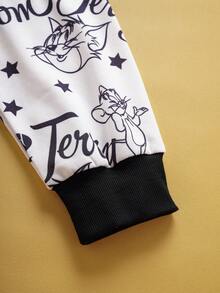 TOM & JERRY X SHEIN 男士休闲时尚街头卡通字母星形印花落肩宽松连帽衫，春秋季长袖上衣 - 白色 - 查看 5
