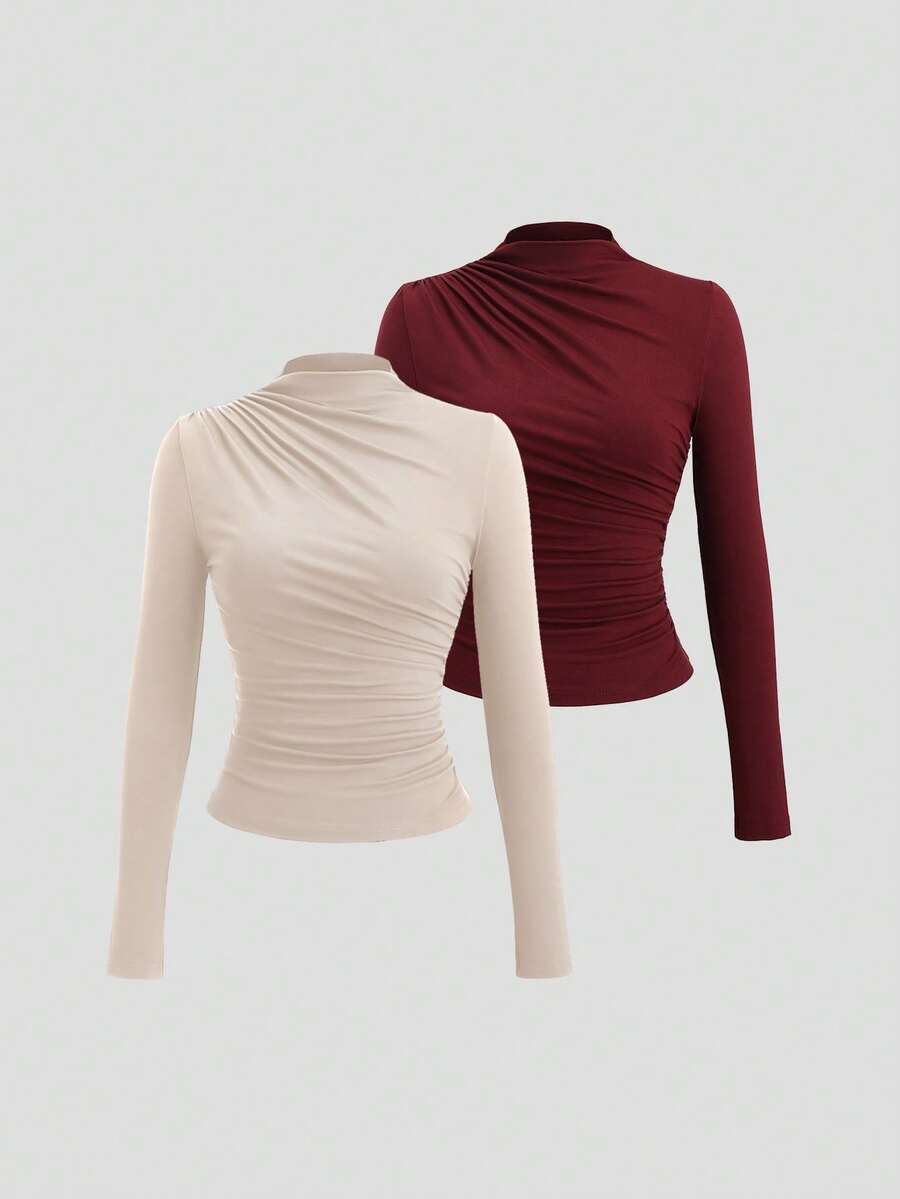Sweetra Women's Solid Color Y2K Sexy Mock Neck Ruched Long Sleeve T-Shirt - Multicolor - View 1