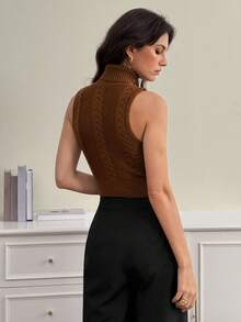 SHEIN Tall 2 Stücke Damen Herbst/Winter Twist Zopfmuster Rollkragen ärmelloses Lässig Strick Top Set, Thanksgiving, ärmelloses braun und weiß 2-teiliges Sweaterset - Verschiedenfarbig - Übersicht 10