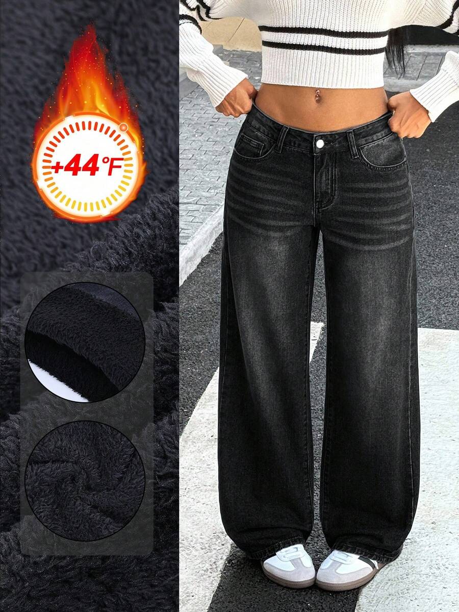 SHEIN ICON 女式复古水洗低腰直筒牛仔裤,保暖 - 黑色 - 查看 1