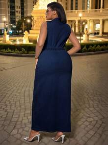 SHEIN SXY 加大码波西米亚风牛仔弹力深蓝色性感优雅商务休闲无袖连衣裙，女式带口袋 - 深色水洗藍 - 查看 2