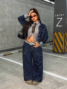 Jeanoix Jeans de mezclilla azul oscuro sin estiramiento de estilo callejero para mujer de talla grande