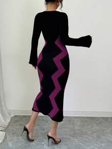 Elenzga Women's Contrast Color Pattern Flare Sleeve Fitted Knit Dress - Purple - View 2