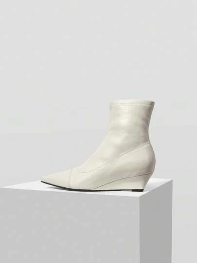 Mnmlis 2025 秋冬新款女士粗跟踝靴，时尚百搭尖头弹力修身侧拉链复古休闲靴