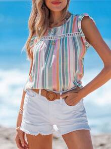 SHEIN LUNE 复古彩色条纹荷叶边拼接圆领盖袖女式衬衫 - 彩色 - 查看 5