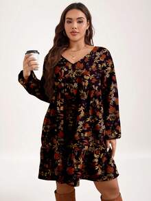 EMERY ROSE Plus Size Women V-Neck Long Sleeve Floral Print Casual Vintage Dress, Autumn/Winter Autumn Dress Long Sleeve Summer Dresses Plus Boho Dress Fall Dress New Year Party - Multicolor - View 5