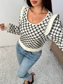 Chiquease Jersey de punto de red francesa regular para mujer - Blanco y Negro - Ver 3
