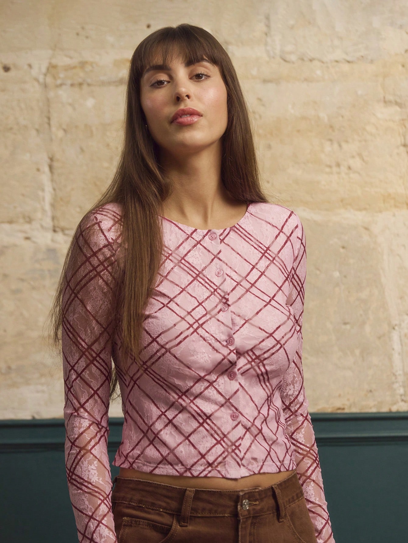 Pale Pink Lace Shirt With Burgundy Check Pattern Long Sleeves Top Spring Summer Pink Top Pink Check Top Pink Plaid Top Elegant Winter Top