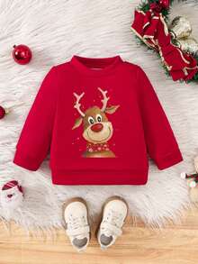 Baby Boy Casual Reindeer Print Round Neck Long Sleeve Sweatshirt, New For Autumn/Winter - Red - View 3