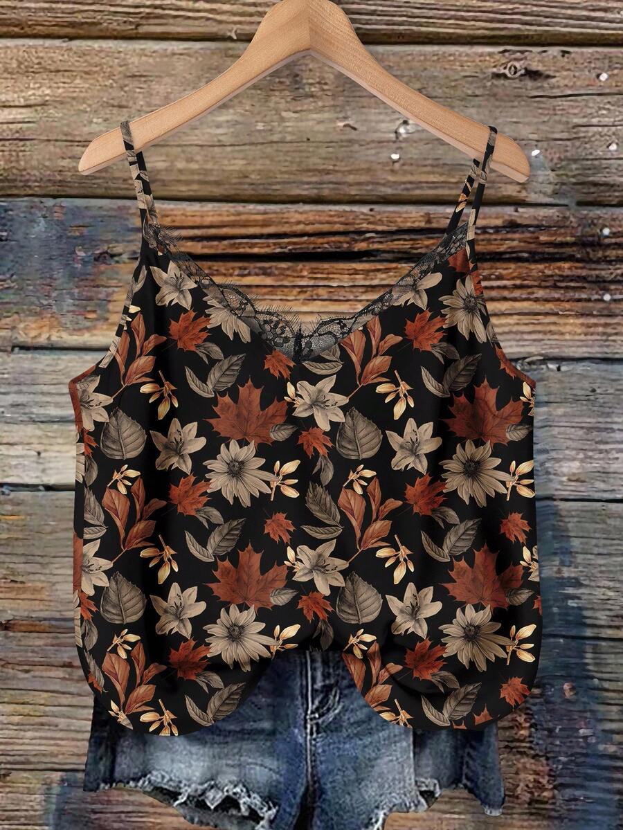 EMERY ROSE Plus Size VCAY Textured Fall Leaf Print Cami Top Suitable For Going Out,Flower/Spring/Summer/Vacation - Brown - View 1
