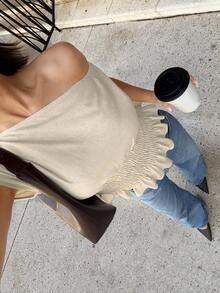 Siren Gaze Bluzka damska asymetryczna w jednolitym kolorze, lniana bluzka z odkrytymi ramionami, kolor naturalny, dopasowana bluzka z falbanką u dołu