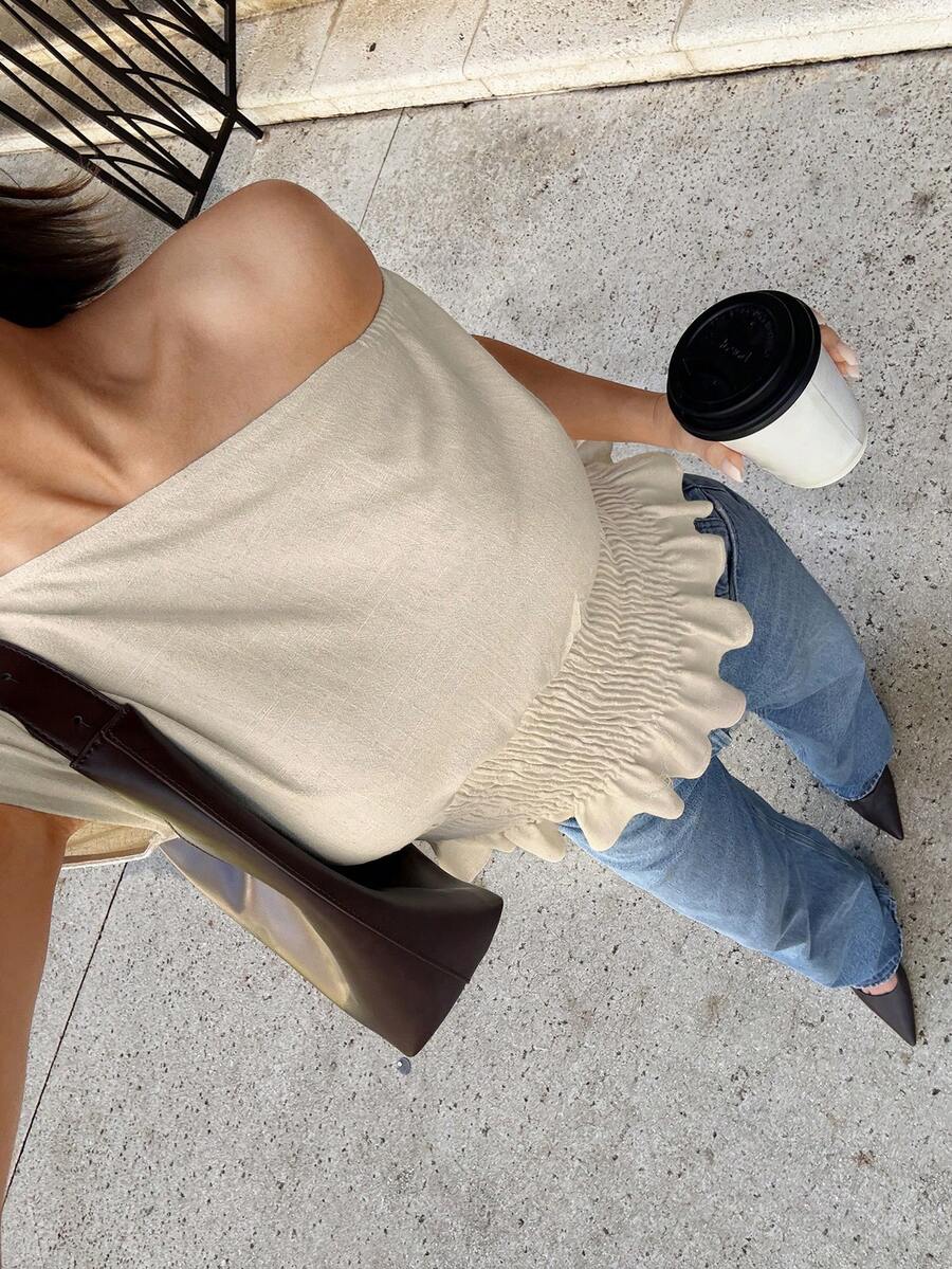 Siren Gaze Bluzka damska asymetryczna w jednolitym kolorze, lniana bluzka z odkrytymi ramionami, kolor naturalny, dopasowana bluzka z falbanką u dołu