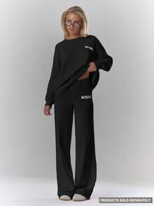 MUSERA Mid Rise Soft Knit Embroidered Wide Leg Trousers Bottom Only Cosy Cute Casual Coffee Club Spring - Black - View 2