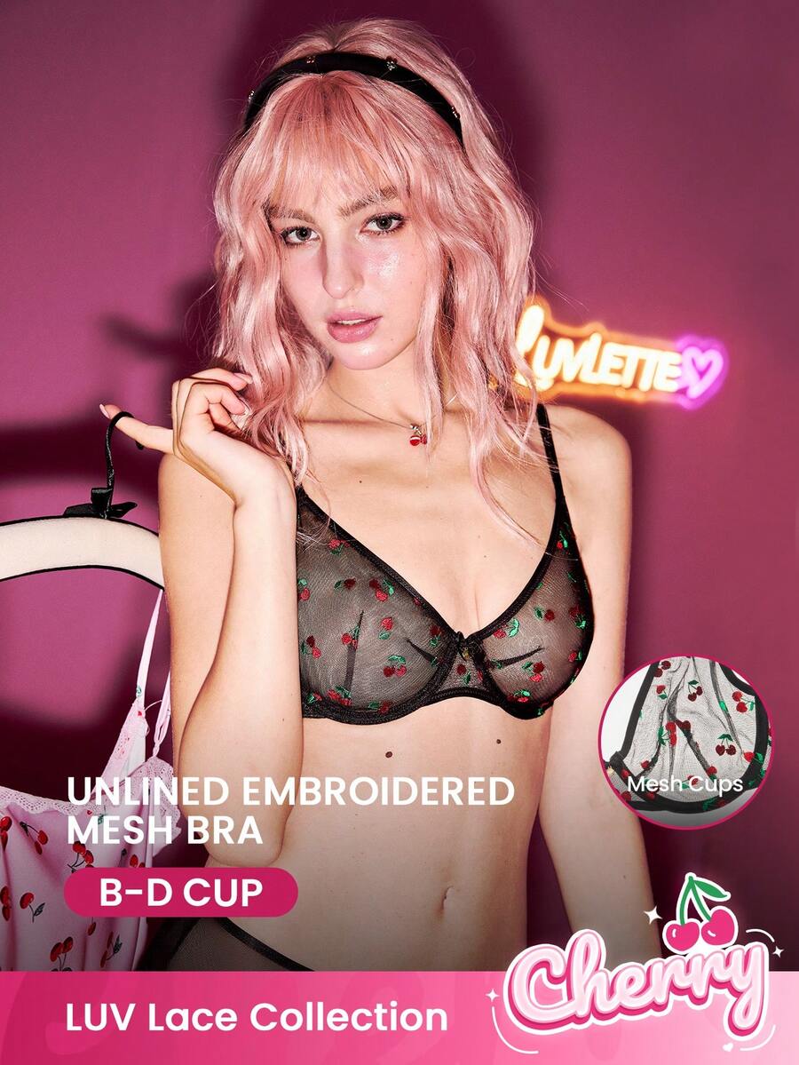 LUVLETTE Christmas & New Years Cherry Floral Sexy Lingerie Unlined Plunge Sheer Black Mesh Minimizer Bra - Black - View 1