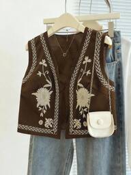 Franclia Chaleco casual de mujer con cuello en V con bordado de flores, otoñal