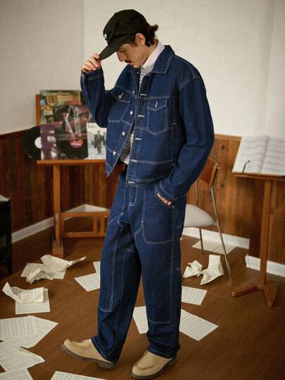 RivetRise Men's Casual Street Style Multi-Pocket Patched Blue Denim Suit, Fall Clothes Blue Urban College Cargo Overalls For Couples