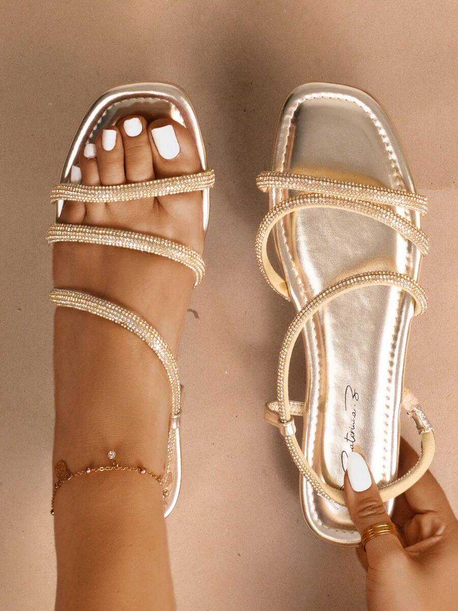 Sandalias para mujer con tiras brillantes, punta cuadrada, sin cordones, suela plana cómoda, estilo glamuroso minimalista, ideales para fiesta y uso diario - Dorado - Ver 1