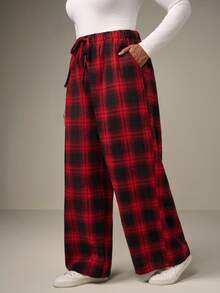 SHEIN Tall CURVE Quần Cargo cạp rút họa tiết kẻ caro đỏ Giáng sinh cỡ lớn có túi, lót nhiệt - Đỏ - Xem 5