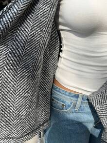 SHEIN EZwear Chaqueta de lana con cuello en V y cinturón, ropa de mujer de moda casual para otoño e invierno - Gris - Ver 6