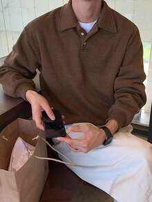 DAZY 男式纯棕色 Polo 领套头衫，秋季 - 棕色 - 查看 5