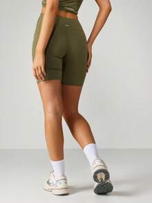 Missguided x Playboy High-Waisted Cycling Shorts With Logo Branding Athletic Bermuda Style Mid-Thigh Length Performance - Army Green - View 2