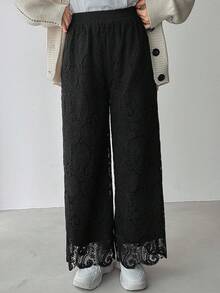 FRIFUL Damen einfarbige Hose mit elastischem Bund, Spitzenstoff, gerades Bein, asymmetrischer Saum, locker, vielseitig, Herbst/Winter - Schwarz - Übersicht 6