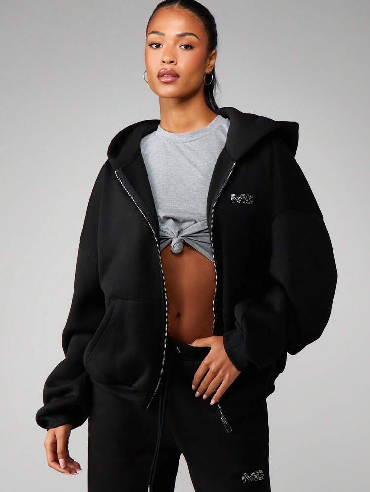 MISSGUIDED Rhinestone Hotfix Logo Full Zip Hoodie With Drawstring And Centre Pockets Casual Streetwear