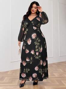 Modelyn Đầm ren chắp vá họa tiết hoa cổ chữ V tay đèn lồng thanh lịch cho nữ cỡ lớn - màu đen - Xem 5