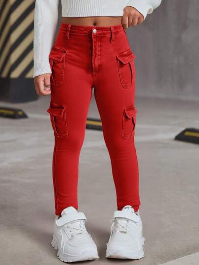 SHEIN 年轻女孩 Y2k 红色牛仔弹力紧身工装裤，秋季、冬季、休闲时尚度假、街头服饰、2000 年代风格、万圣节牛仔裤、圣诞节