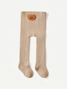 Cozy Pixies 1双装 宝宝儿童布朗熊可爱刺绣图案保暖中厚打底连裤袜适合外出 - 咖啡棕 - 查看 4