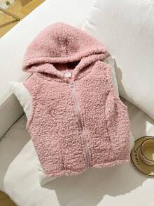SHEIN 青少年女孩休闲街头风格舒适双面羊毛连帽拉链短款无袖夹克