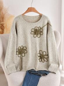 CosyJoli Plus Size Elegant French Style Casual Jacquard Floral Embroidered Crew Neck Pullover Sweater Top For Women/Winter Flower - Khaki - View 1