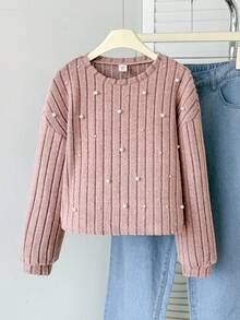 SHEIN 青少年女孩针织毛绒罗纹铆钉圆领宽松休闲长袖 T 恤 - 粉色 - 查看 2