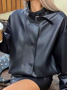 DAZY Chaqueta casual de mujer de manga larga regular con doble botonadura de unicolor en piel sintética (PU) - Negro - Ver 8