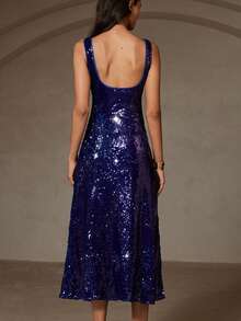 Aveloria Rosie 秋季亮片露背无袖派对性感连衣裙，优雅英伦风 - 藍色 - 查看 2