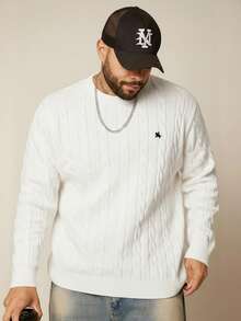 EASEVO Plus Size Men's Casual Cable Knit Crew Neck Long Sleeve Sweater - White - View 5