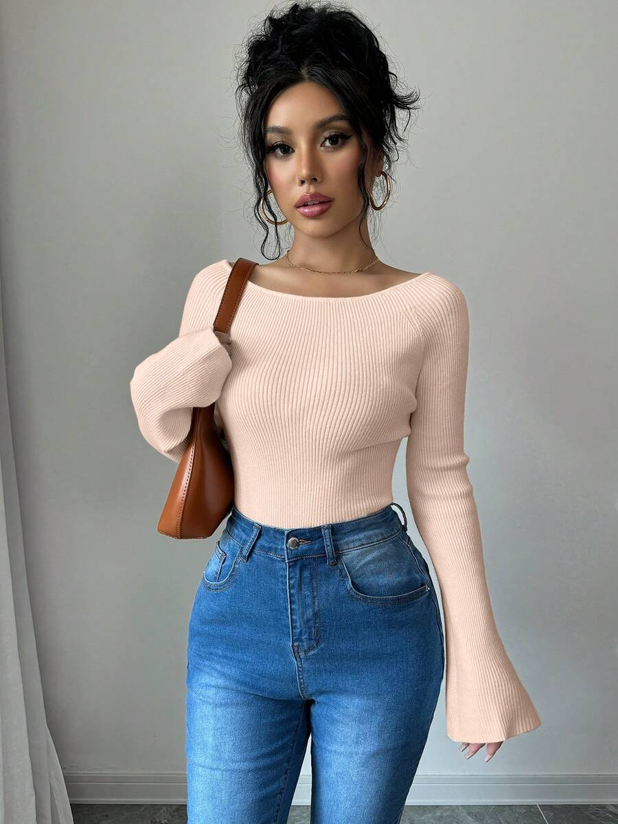 Selianne 1 件女式修身露肩喇叭袖毛衣，长袖上衣