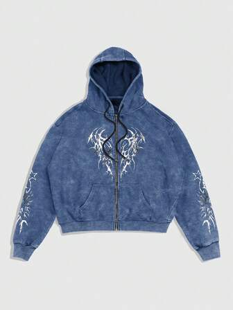 sweat-shirt à capuche à manches longues, col zippé et cordon de serrage, imprimé gothique, pour homme, automne