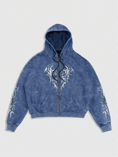 Goth Sudadera con capucha de manga larga con cremallera y cordón, estampado gótico para hombre, otoño